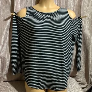 Old Navy Top Blouse Cold Shoulder Black White Stripes XXL Stretchy Long Sleeve